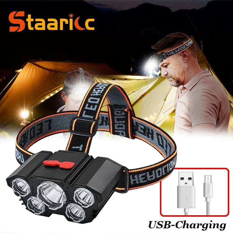 lampe frontale led rechargeable usb noir orange rayures ceinture ajustable interrupteur multifonction moderne pratique
