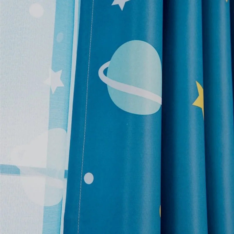 rideau planètes bleu étoiles moderne opacité ruban fixation chambre enfant bleu jaune blanc