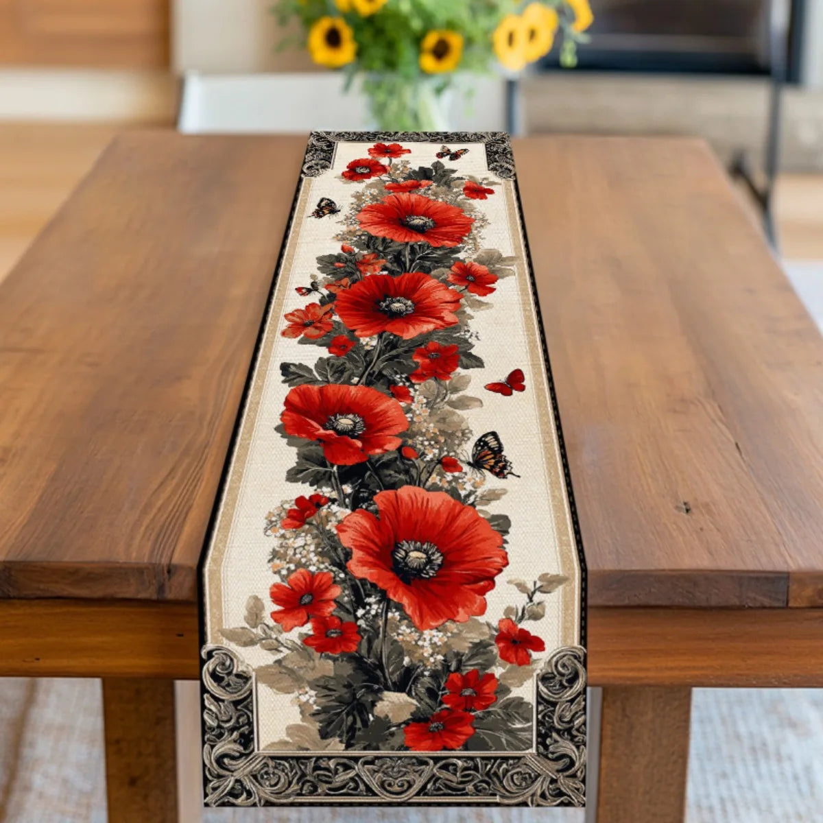 tableau décoratif floral motif papillons fleurs pavots couleurs vives polyester rouge vert cuisine restaurant