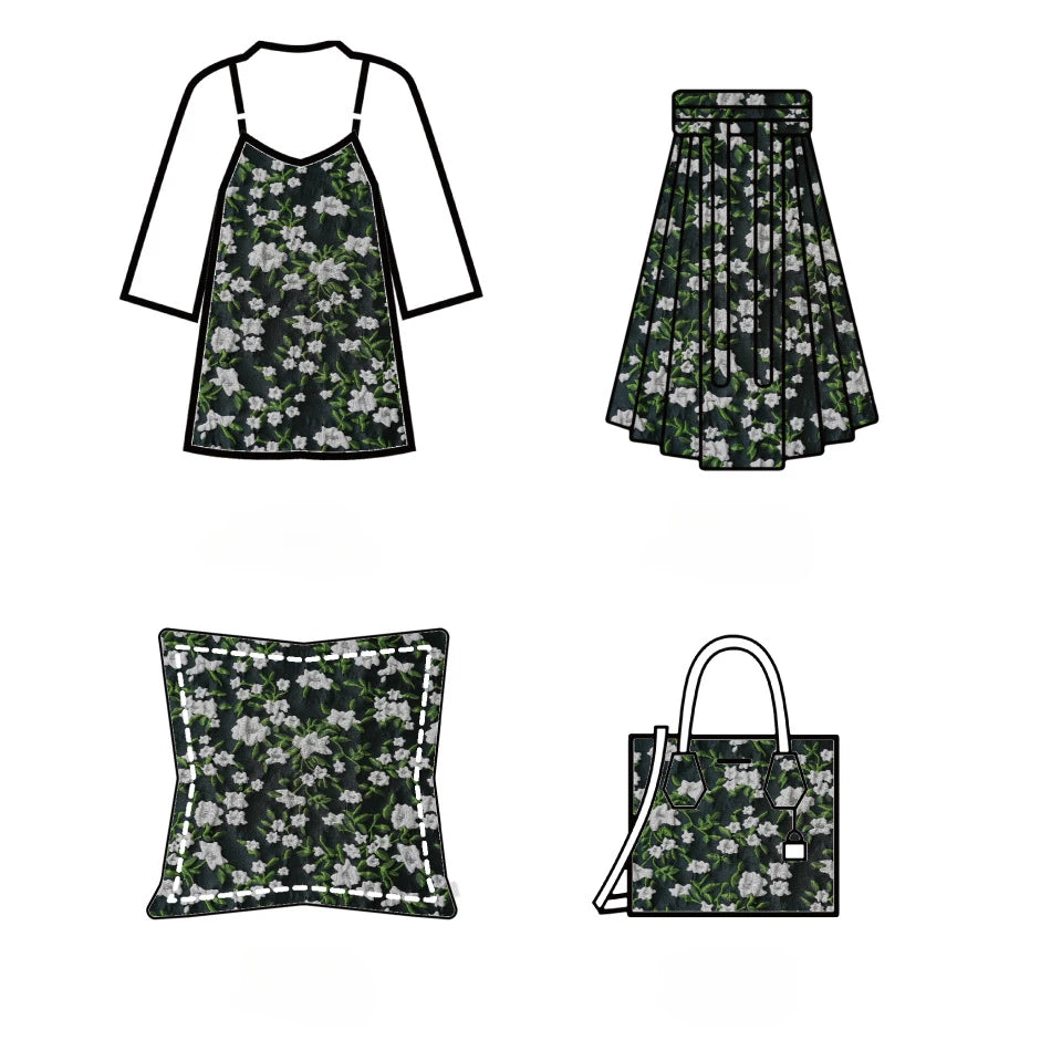 tissu imprimé floral noir blanc vert motifs fleurs feuilles résistant polyester bricolage écologique