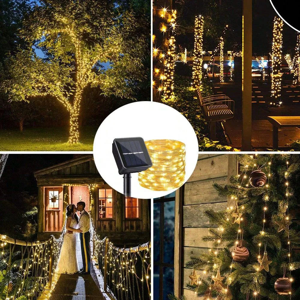 guirlande lumineuse solaire extérieure fil cuivre blanc doré led étanche décoration jardin terrasse mariage