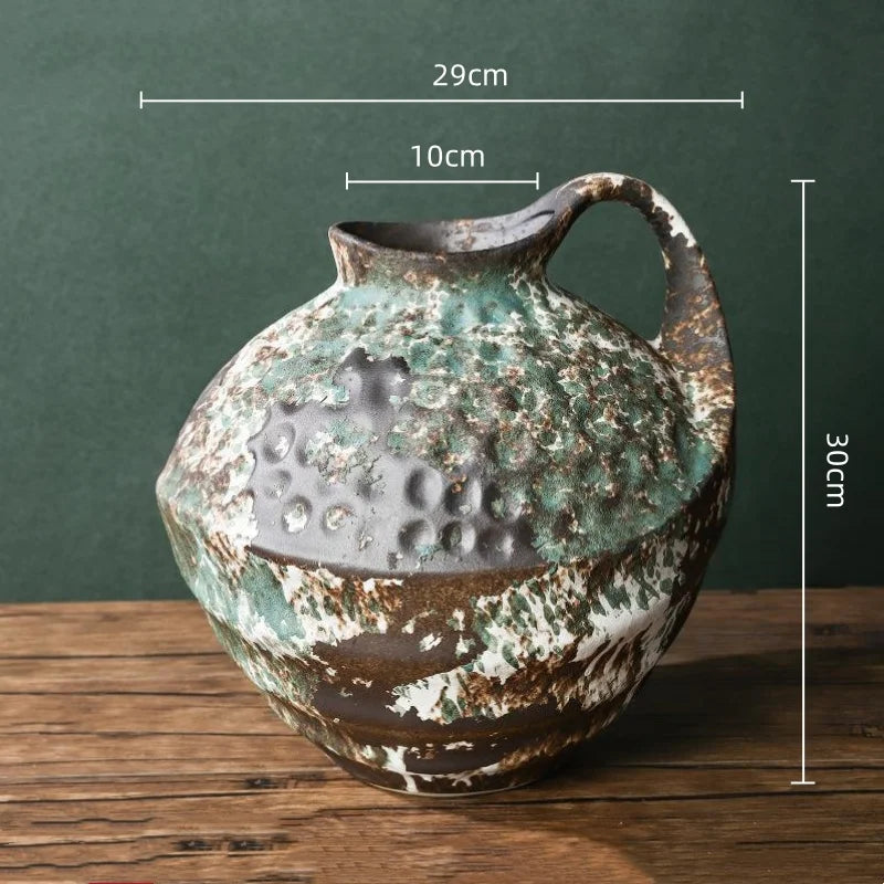 vase moderne rustique blanc marron vert marbré gratté opaques poignée décoration floral arrangement table