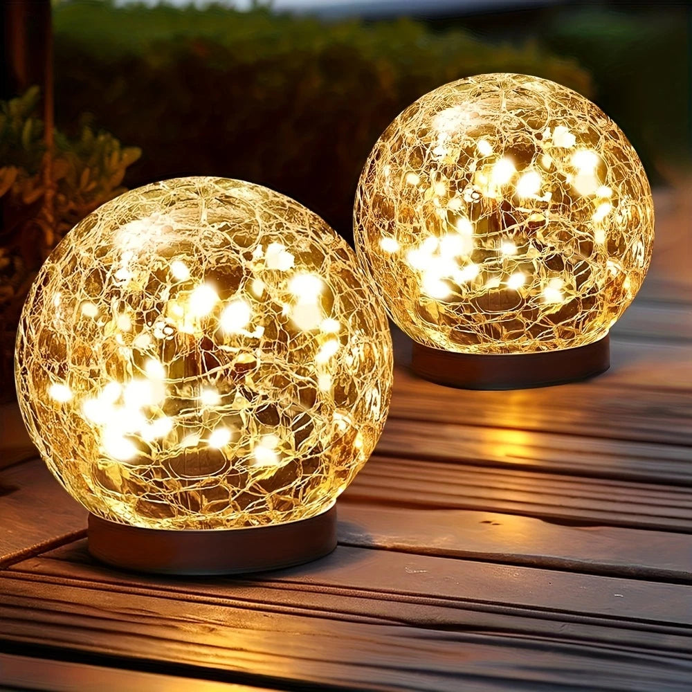 boule lumineuse solaire verre craquelé transparente jaune doré moderne extérieure 20 led ip65