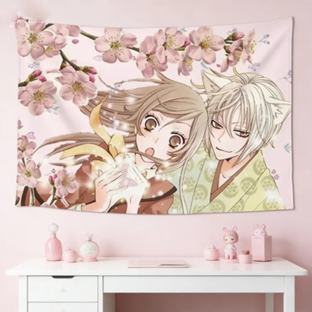 tapisserie murale anime fleurs cerisier visage animé rose clair beige vert blanc chambre salon