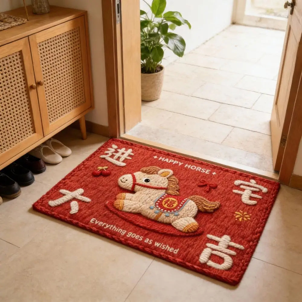 tapis sol antidérapant polyester vinyle géométrique chevaux motifs floraux lettres chinoises happy lucky festive
