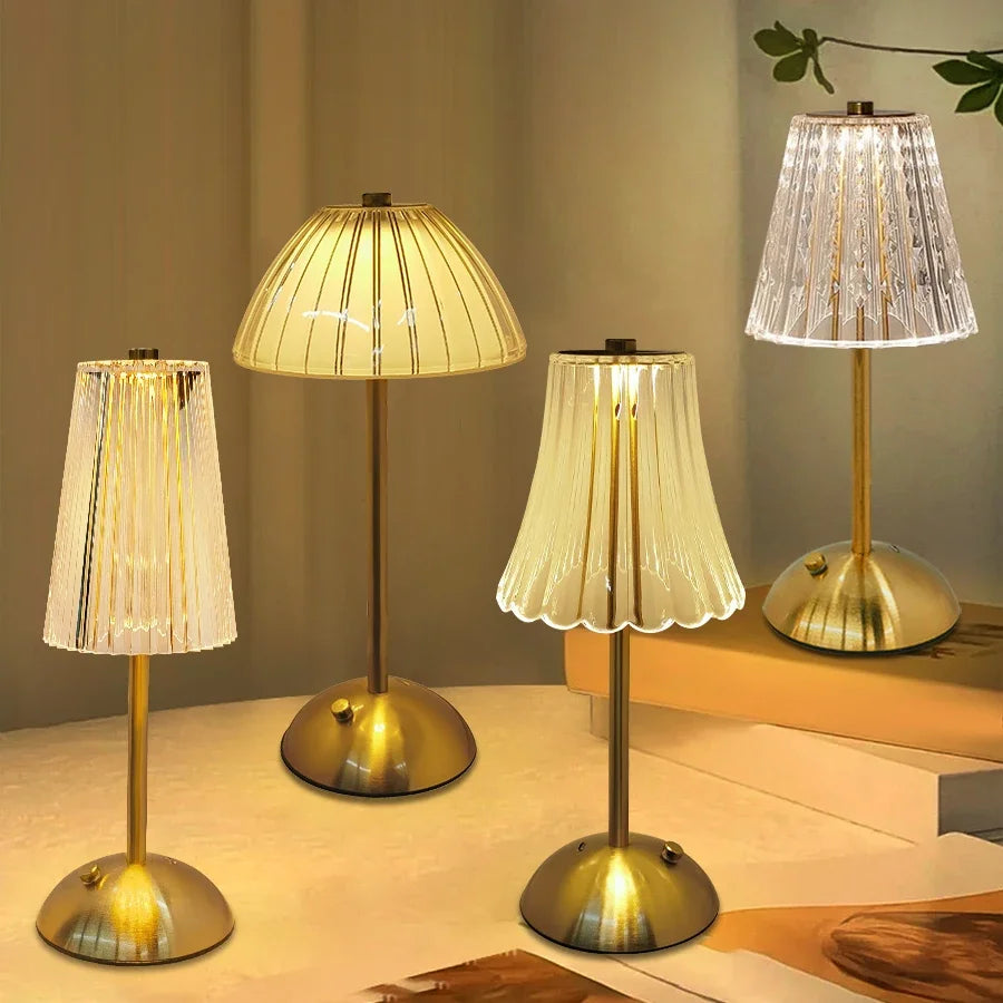 lampe table moderne doré antique transparente rayures fines capteur tactile rechargeable sans fil