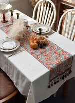 chemin table floral traditionnel coton polyester beige vert bleu rouge marron doré broderie pomponsOpaque
