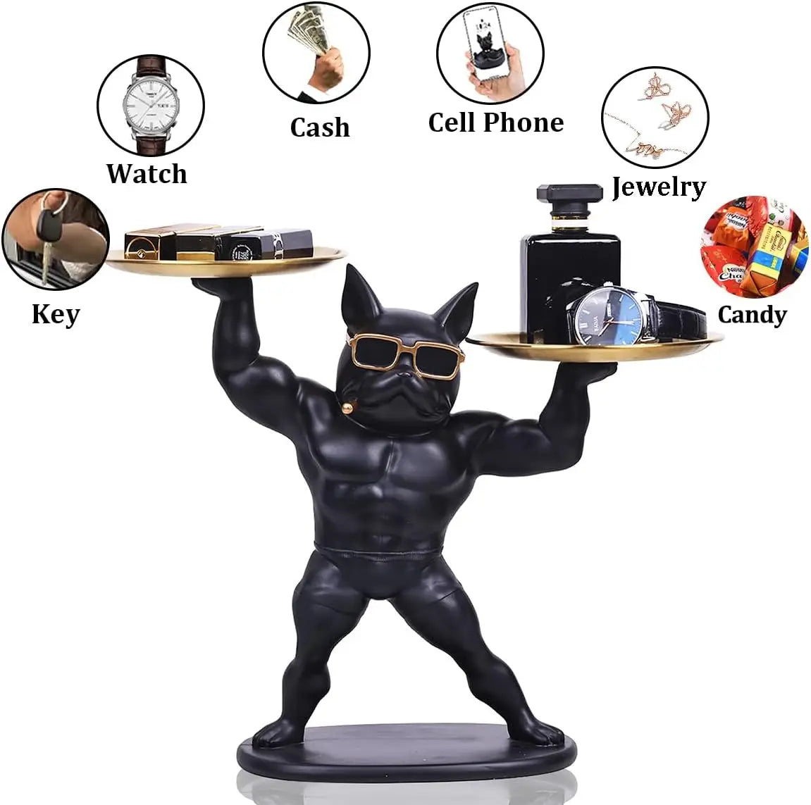 sculpture bulldog musclé lunettes soleil plateaux dorés décoration moderne humouristique noire or