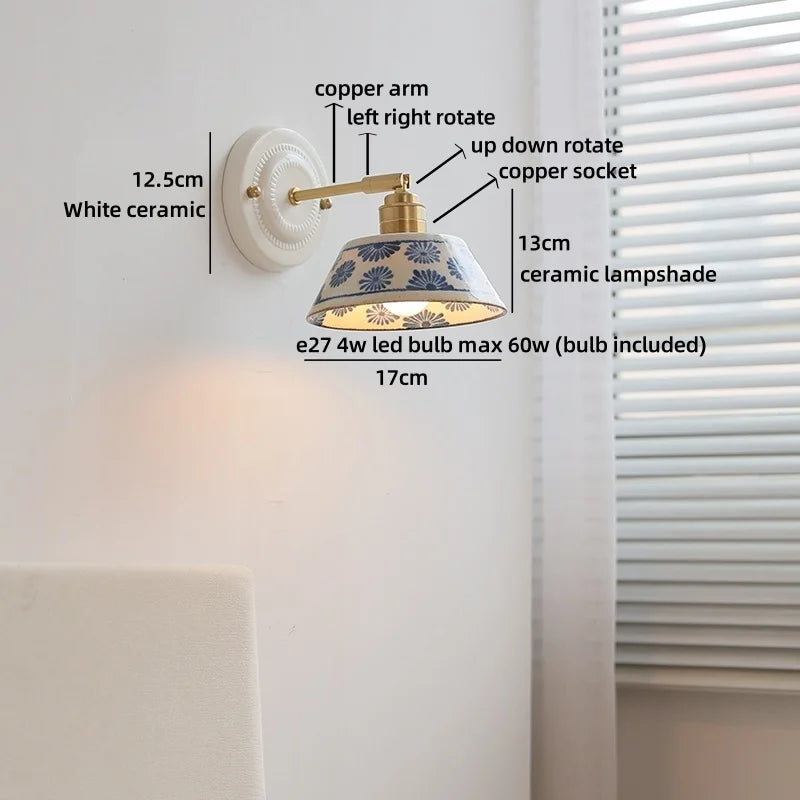 lampe murale fleurs bleues blanc doré LED classique vis fixation 4W max 60W