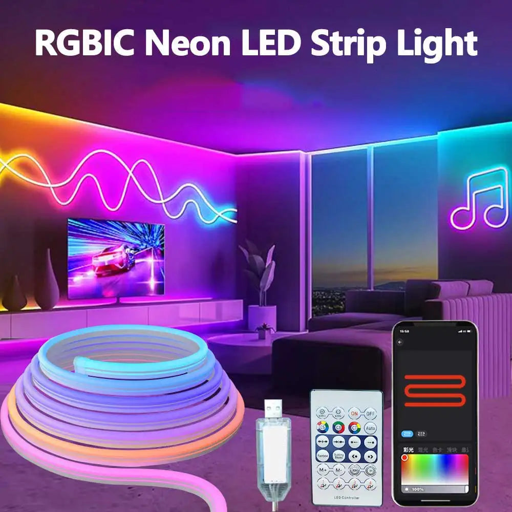 ruban led néon multicolore moderne contrôleur distant synchronisation musicale étanche rgbic brillant lisse chambre