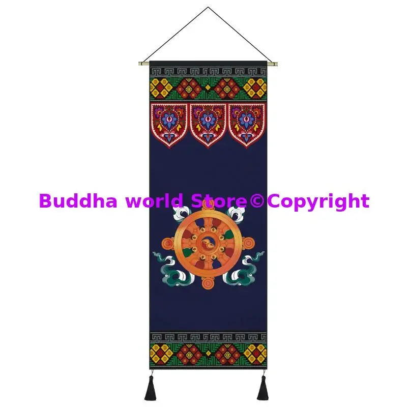 tapisserie bouddhiste ornements religieux symboles géométriques bleu multicolore crochets métalliques