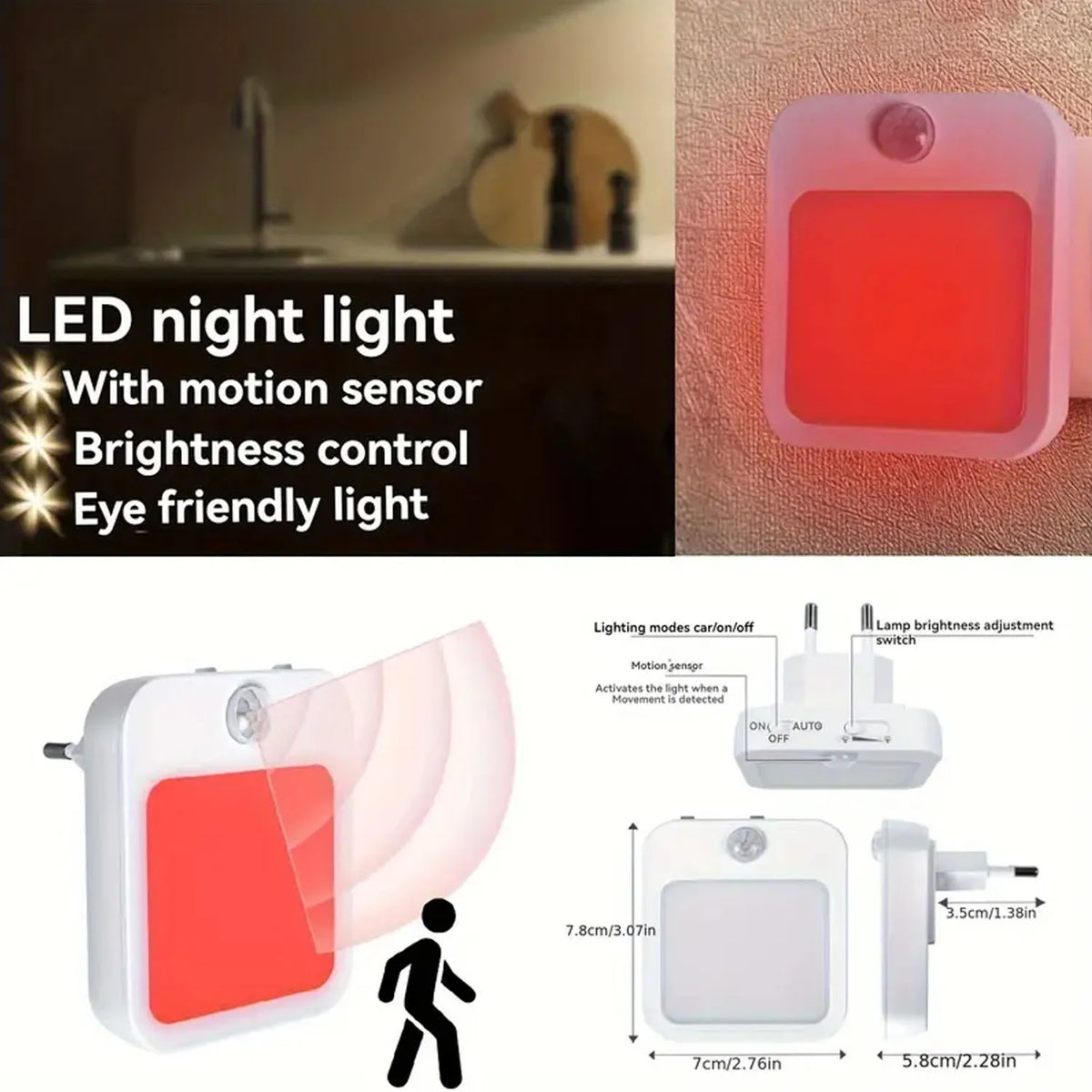 lampe nuit led rectangle blanc rouge moderne capteur mouvement prise murale auto on off