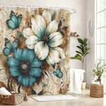 rideau douche fleur bleu blanc vintage 150x180cm polyester MACHINE WASHABLE