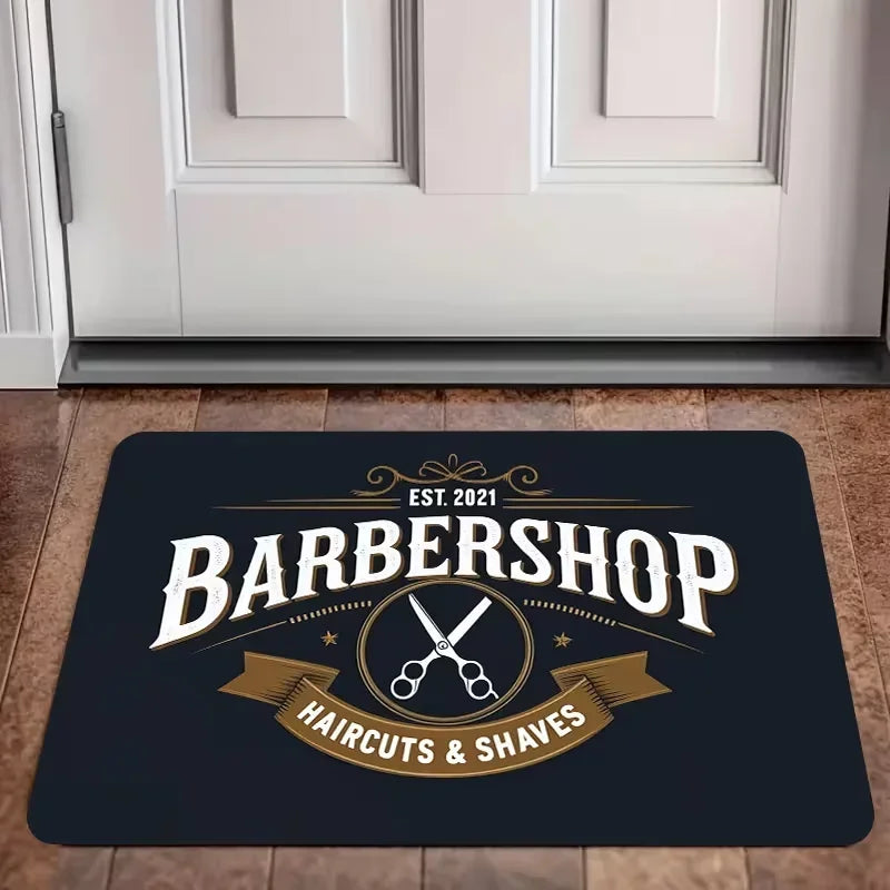 tapis sol moderne barbershop lampions rasoirs ciseaux noir rouge bienvenue salon