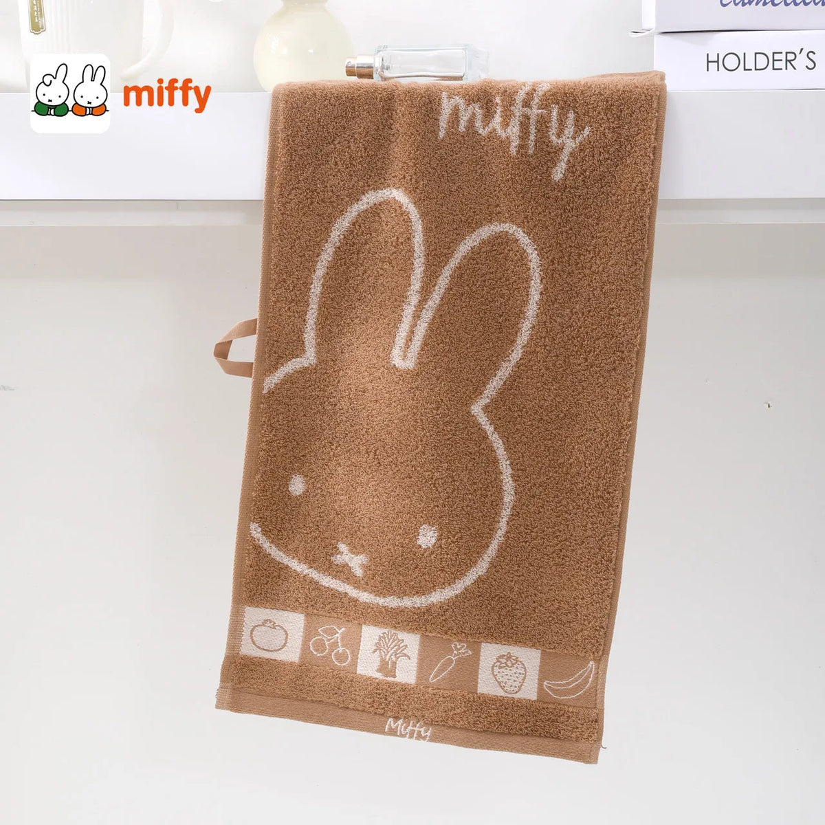 serviette coton lapin miffy dessin animé violet jaune vert gris marron pomme arbre anneaux