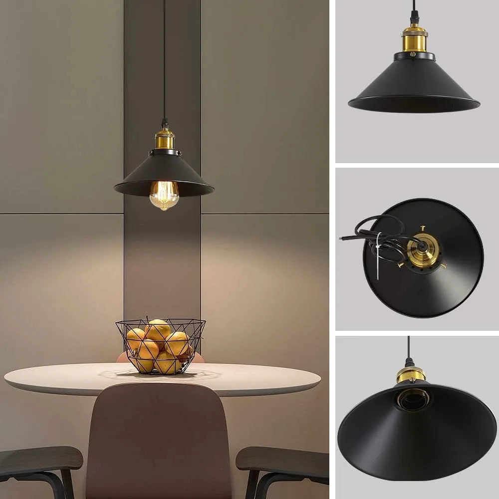 suspension lumineuse industrielle conique noire dorée ampoules câbles chambre salon