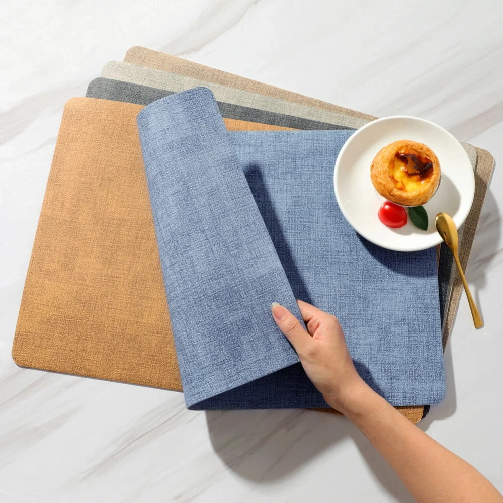 tapis table bleu marron gris toile lin moderne respectueux environnement 43cm 30cm assiettes cuillères