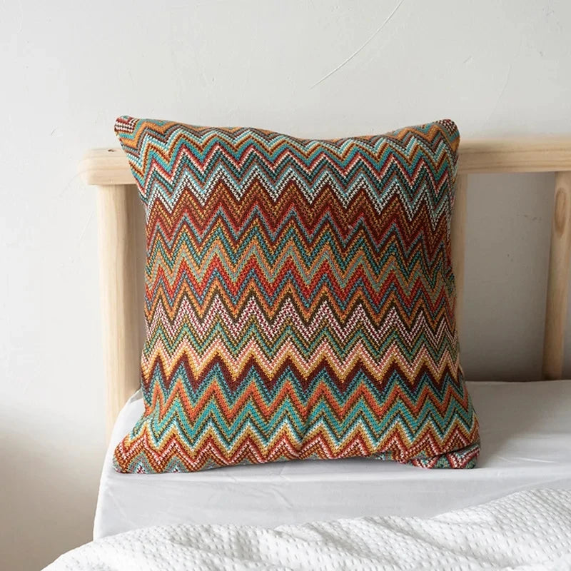 coussin carré zigzag multicolore ethnique polyester coton décoration intérieure chaise fixations oreillettes