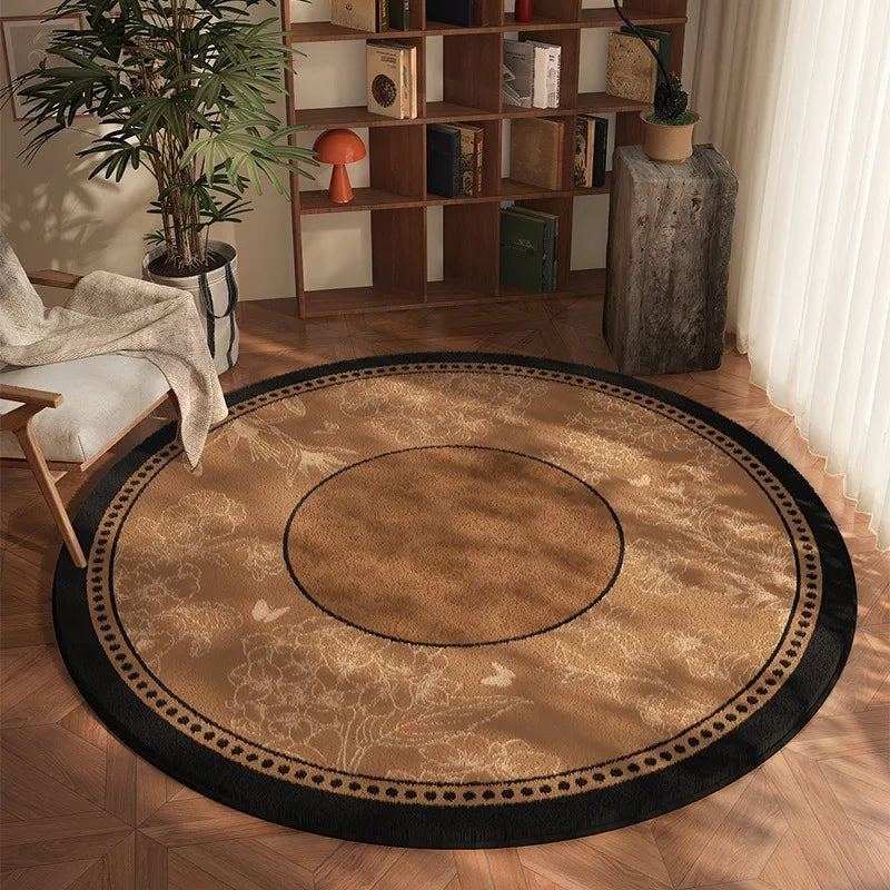 tapis rond beige noir motif fleurs oiseaux décoration salon chambre intérieur doux antidérapant moderne