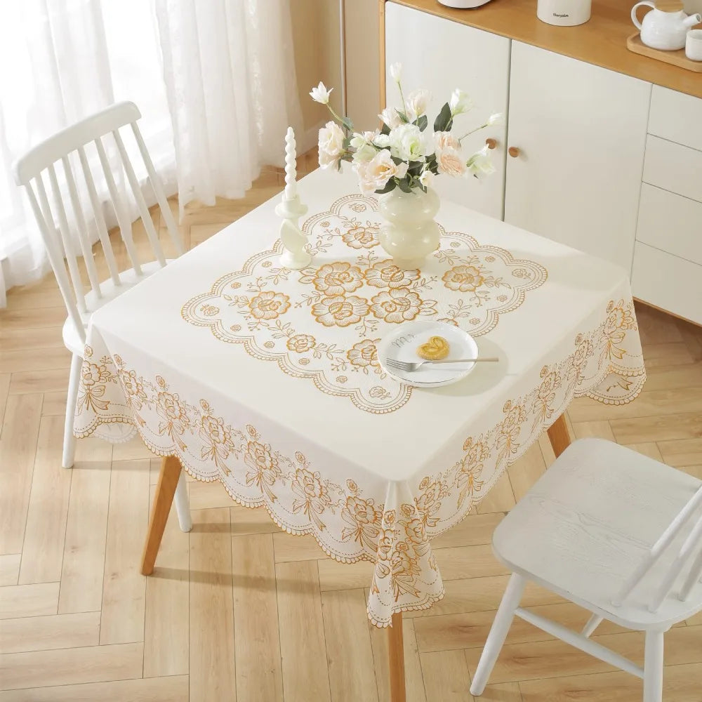 nappe table blanche dorée floral élégante réutilisable coton polyester 134cm 134cm farmhouse modernescriçãoption