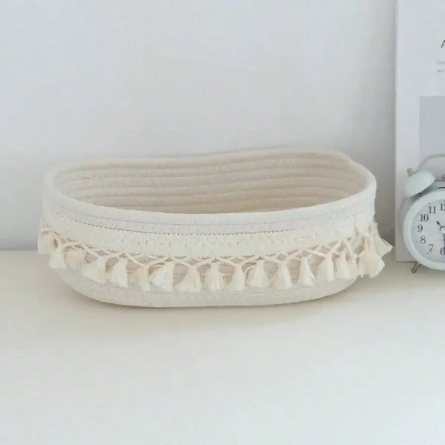panier rangement tissu coton blanc franges boho chic savon parfum téléphone bougie