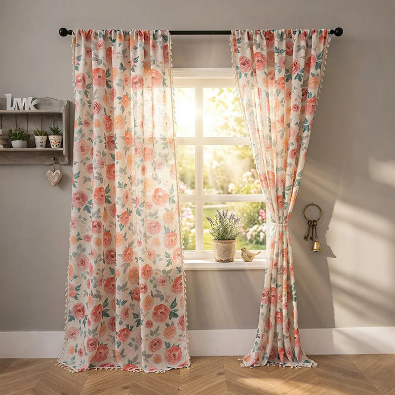 rideau fleuri polyester translucide classique franges beige rose vert bleu maison