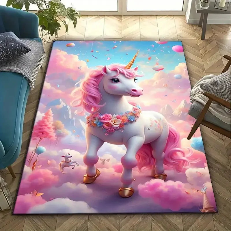 tapis enfant licorne arc ciel chambre fille peluche doux motif nuages fleurs décoratif