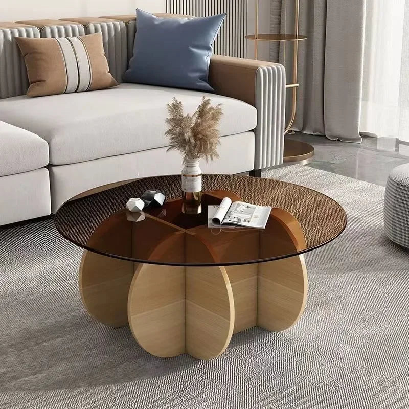 table basse moderne scandinave verre transparent structure bois géométrique marron clair decoration minimaliste