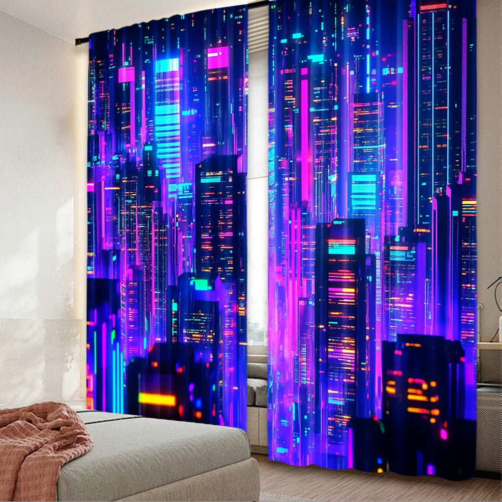 rideau moderne ville futuriste bleu violet noir polyester chambre salon 105x230cm 75x166cm 130x210cm