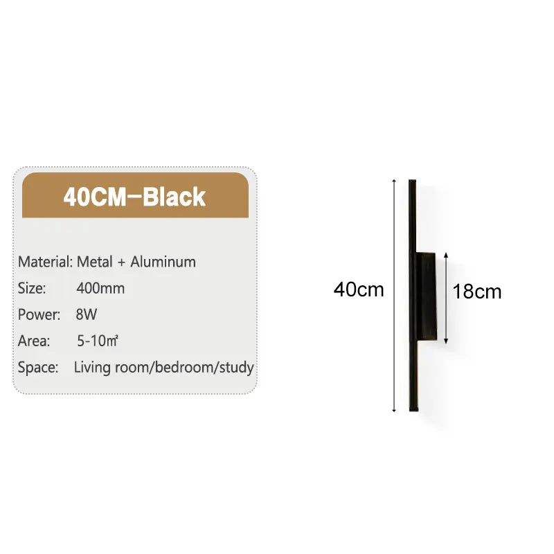 lampe murale led minimaliste noir fixée chambre salon salle bain 55 60 80 100cm
