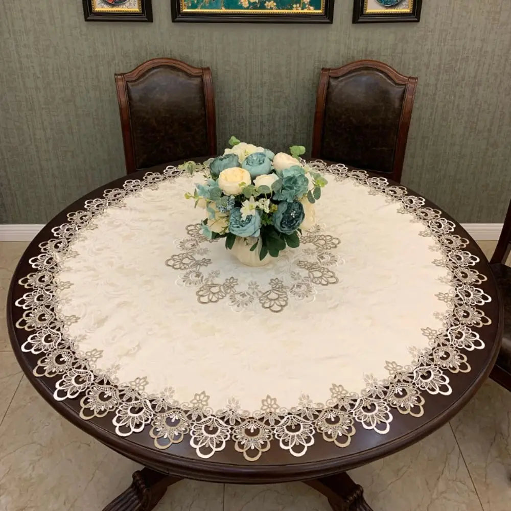 nappe ronde fleurs complexes crème blanc marron semi translucide élégante table dîner 60 70