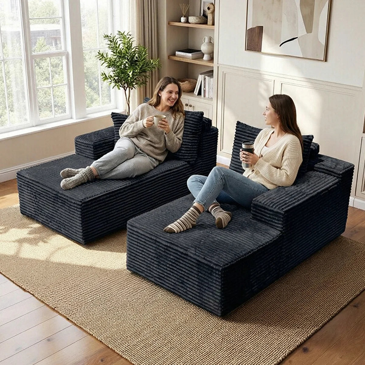 canapé modulaire velours côtelé gris foncé moderne salon confortable fixations coussins