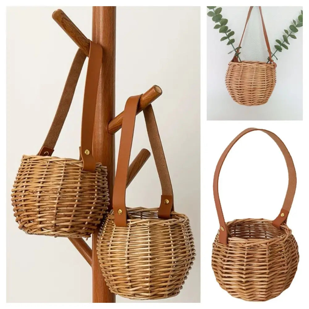 panier tressé osier poignée cuir marron rustique deco intérieur vintage naturel