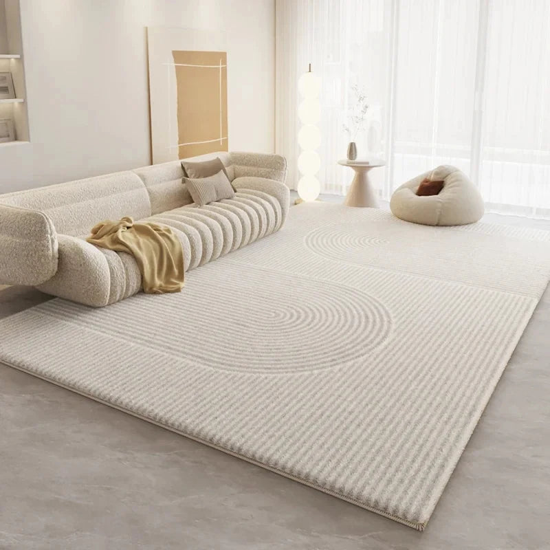 tapis beige clair moderne minimaliste lignes concentriques antidérapant lavable salon chambre décoration maison japandi