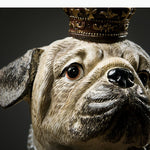 statuette chien bouledogue couronne collier aspect vieilli texture rugueuse décoration chambre moderne