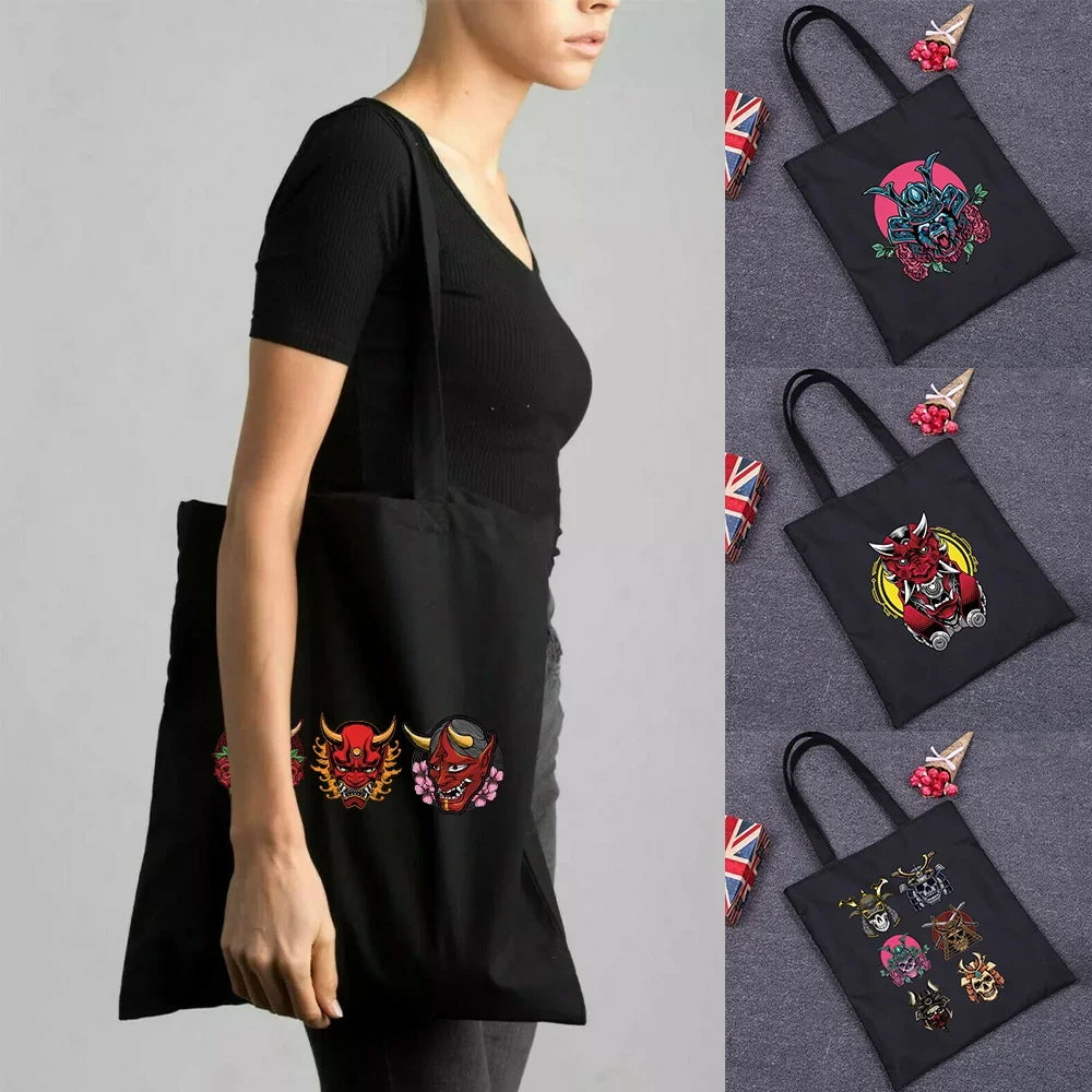 sac main femme toile noir motif masque japonais grand cabas shopping pliable