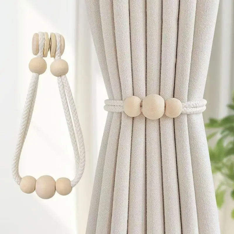 boucles rideau boho chic bois franges coton beige clair anneaux métalliques