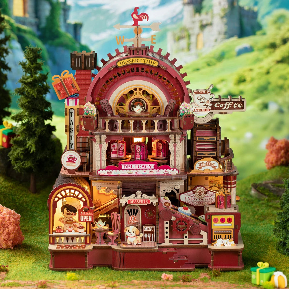 figurines maison bois artisanat diy miniature decoration boutique pâtisserie enseignes animaux