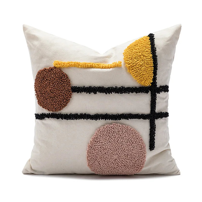 coussin carré rectangulaire beige motifs géométriques dorés pompons chambre salon déco