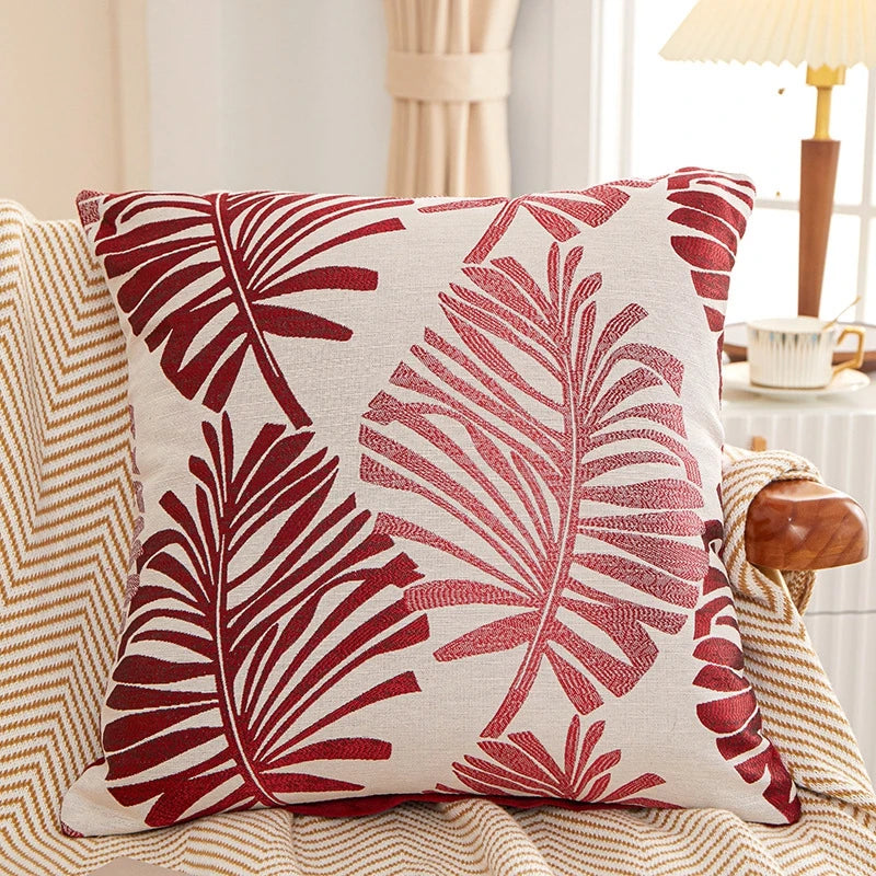 housse coussin brodé feuilles palmier moderne bleu clair beige marron amovible lavable 45x45cm oblong