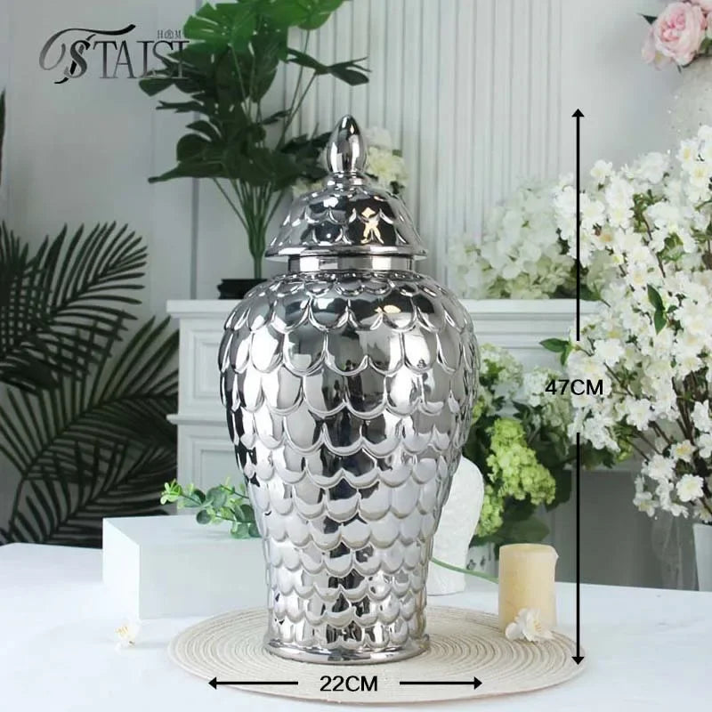 vases décoratifs modernes or blanc argentés motifs ronds couvercles assortis
