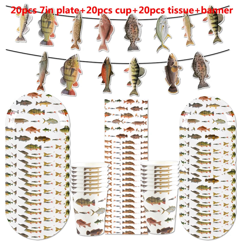 assiettes papier poissons motifs gobelets serviettes guirlande fête anniversaire mariage
