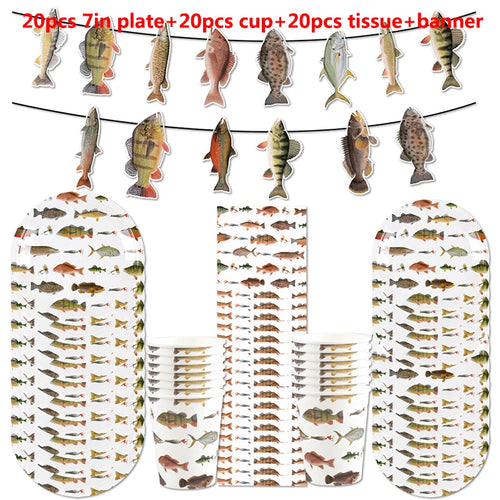 assiettes papier poissons motifs gobelets serviettes guirlande fête anniversaire mariage