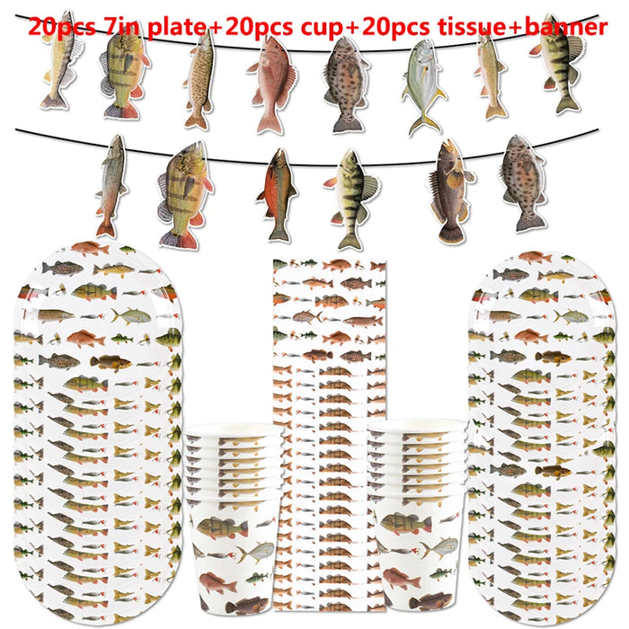 assiettes papier poissons motifs gobelets serviettes guirlande fête anniversaire mariage