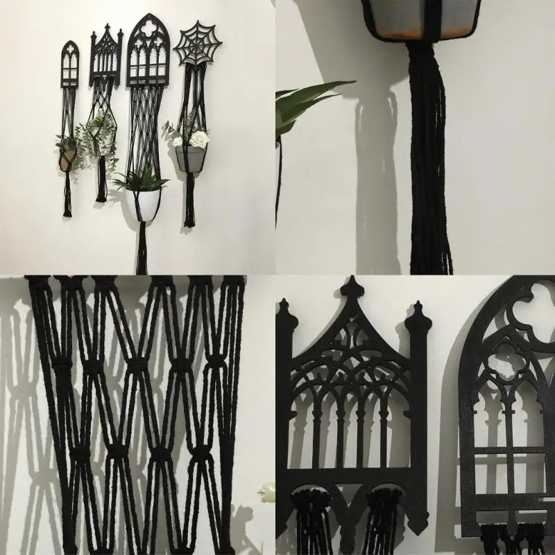 support plante suspendu macramé géométrique noir artisanal moderneintérieur décoration salon balcony