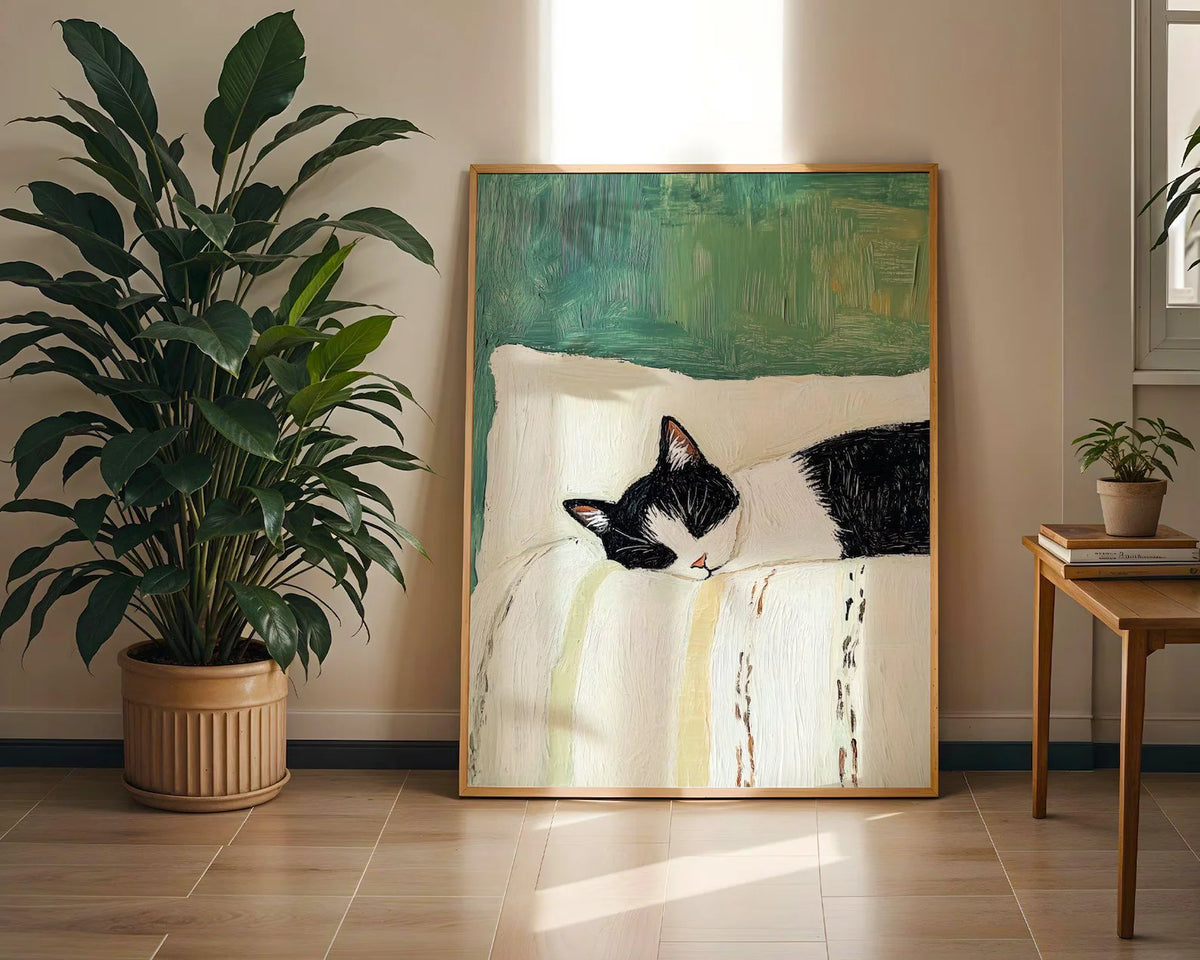 tableau moderne chat dormant toile peinte noir blanc vert beige opaque sans cadre
