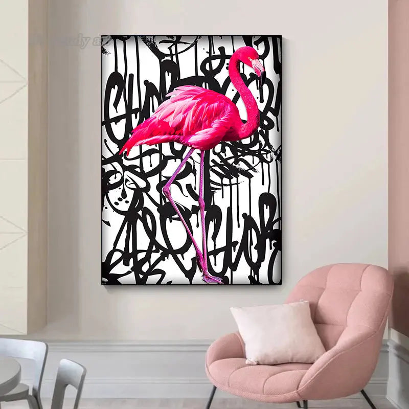 tableau abstrait flamant rose calligraphies noires deco moderne oiseau animal compagnie toile sans cadre