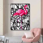 tableau abstrait flamant rose calligraphies noires deco moderne oiseau animal compagnie toile sans cadre