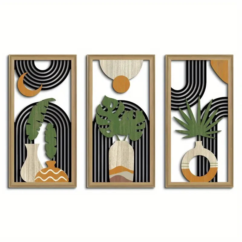 tableaux abstraits modernes bois noir blanc vert feuilles demi lunes dorées minimaliste