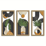 tableaux abstraits modernes bois noir blanc vert feuilles demi lunes dorées minimaliste